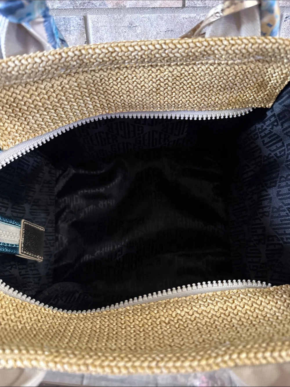 Kurt Geiger Tan Straw Tote with Blue Scarf Accent